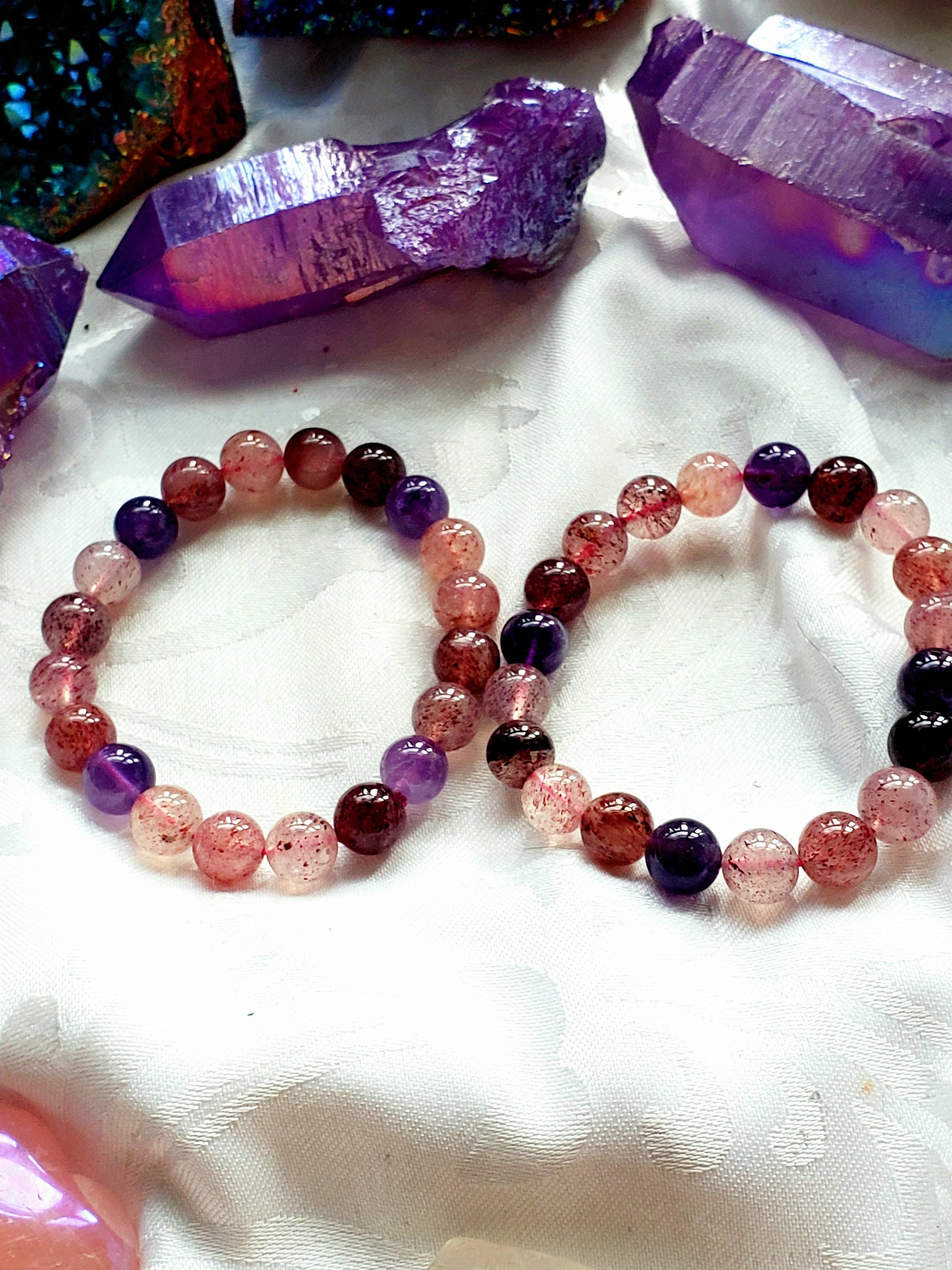 Strawberry Quartz and Amethyst Bracelet 9mm- Round Beads - Birthstone Jewelry, Crystal Bracelet, Beaded Jewelry, Gemstone Bracelet