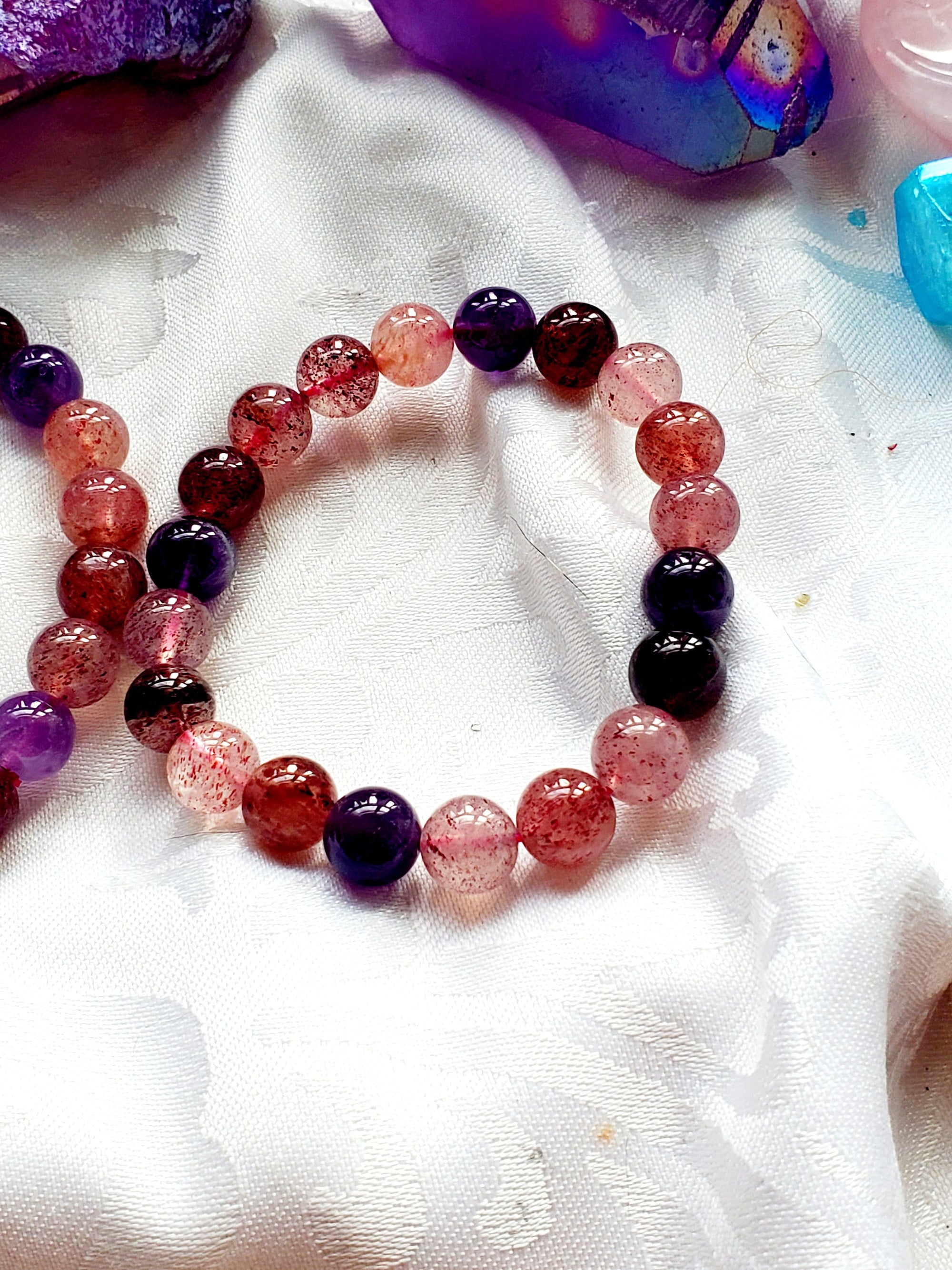 Strawberry Quartz and Amethyst Bracelet 9mm- Round Beads - Birthstone Jewelry, Crystal Bracelet, Beaded Jewelry, Gemstone Bracelet