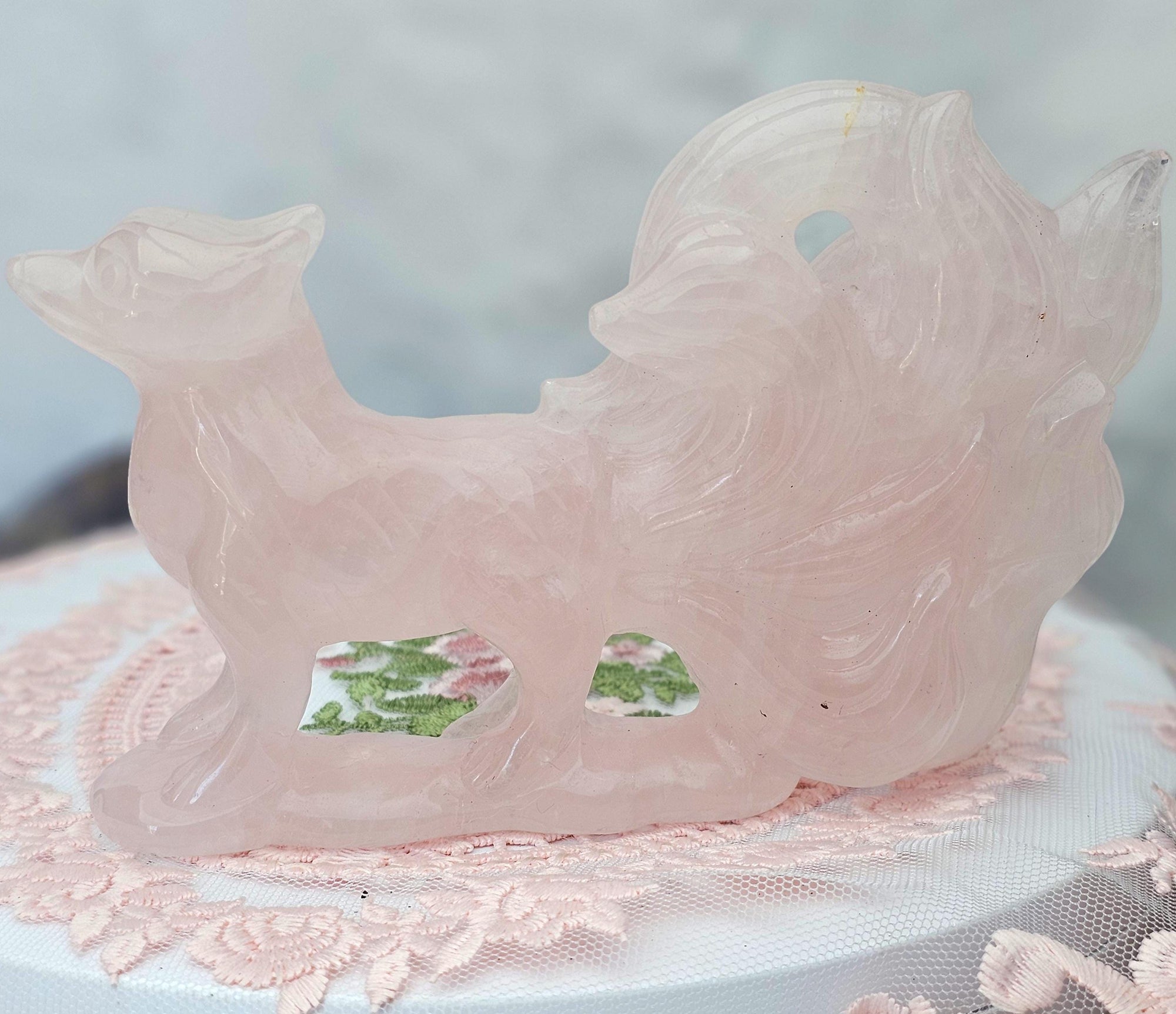 Large Rose Quartz Nine Tail Fox, Kitsune, Anime, Gift, Home decor