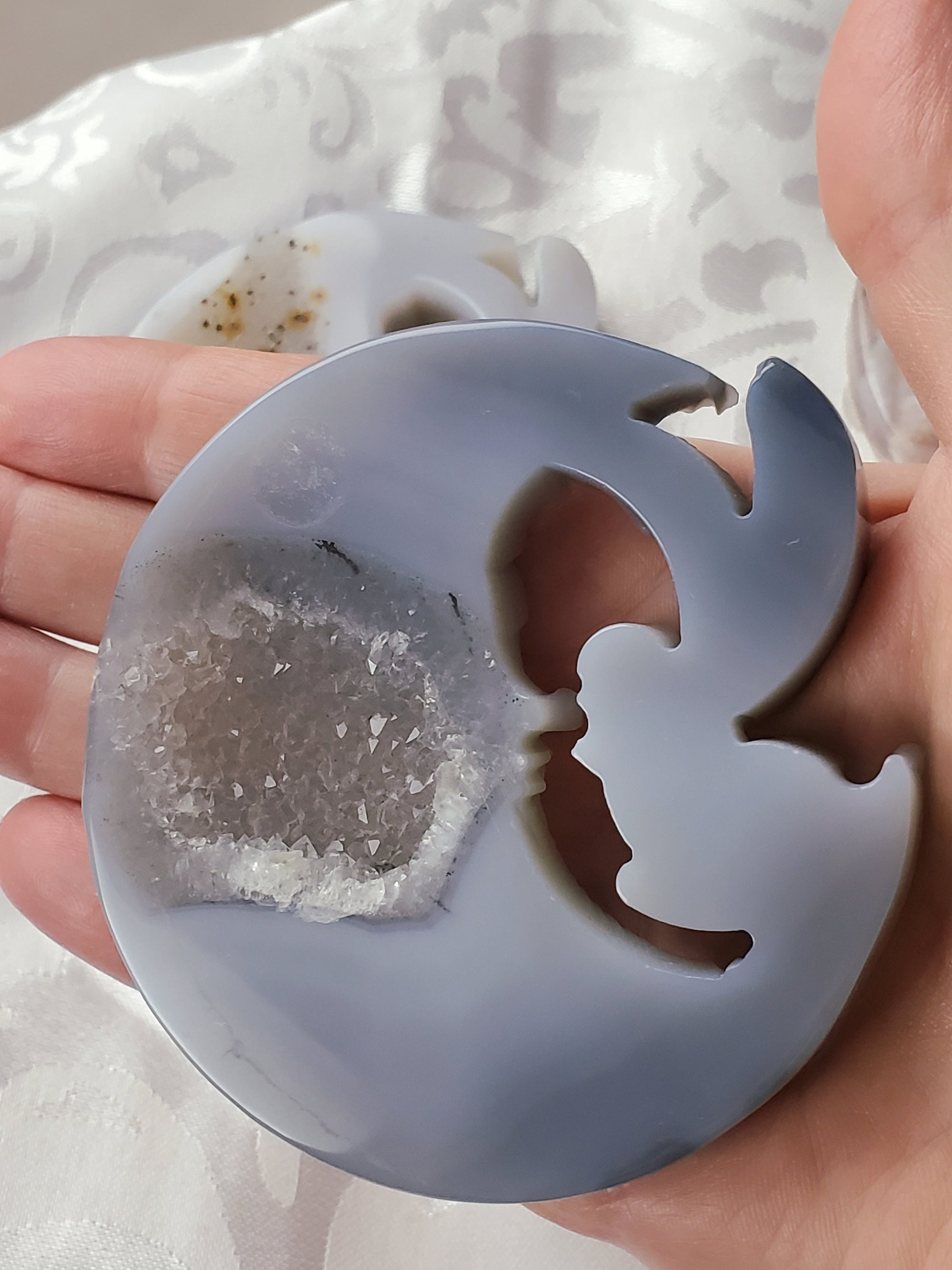 Magical Druzy Agate Moon & Fairy + Agate Moon Fairy Carving, Crystal Carvings, Fairy Garden, Fairy