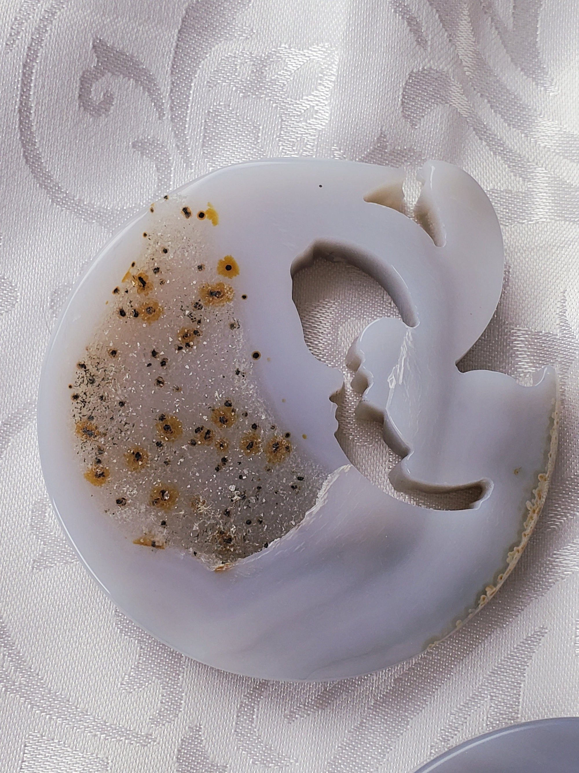 Magical Druzy Agate Moon & Fairy + Agate Moon Fairy Carving, Crystal Carvings, Fairy Garden, Fairy