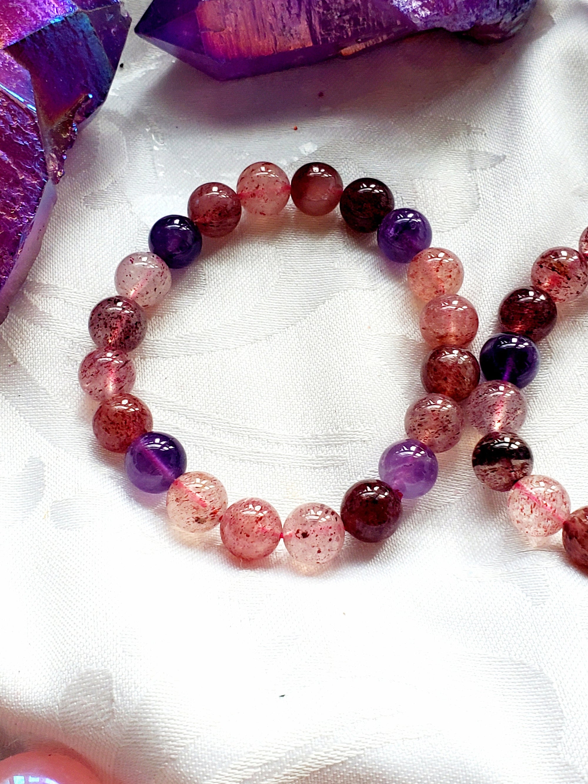 Strawberry Quartz and Amethyst Bracelet 9mm- Round Beads - Birthstone Jewelry, Crystal Bracelet, Beaded Jewelry, Gemstone Bracelet