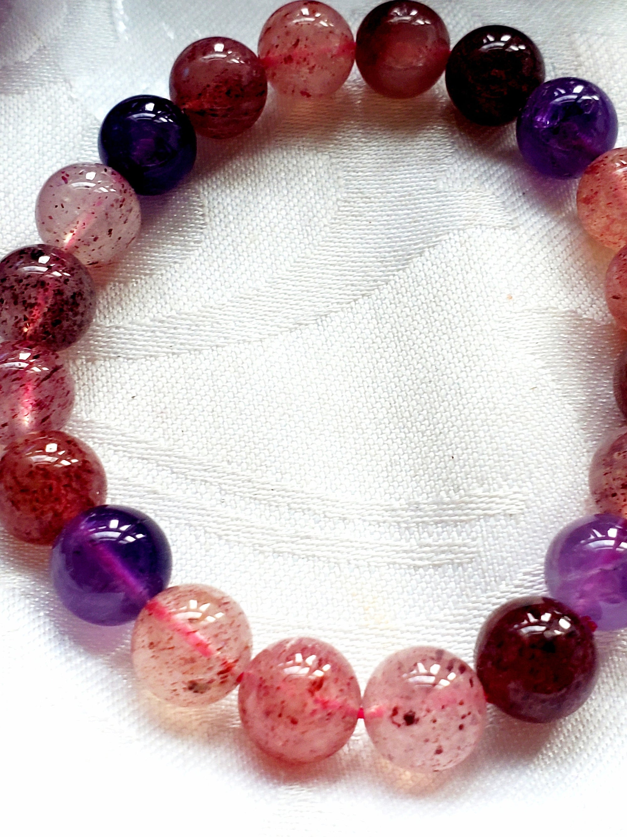 Strawberry Quartz and Amethyst Bracelet 9mm- Round Beads - Birthstone Jewelry, Crystal Bracelet, Beaded Jewelry, Gemstone Bracelet