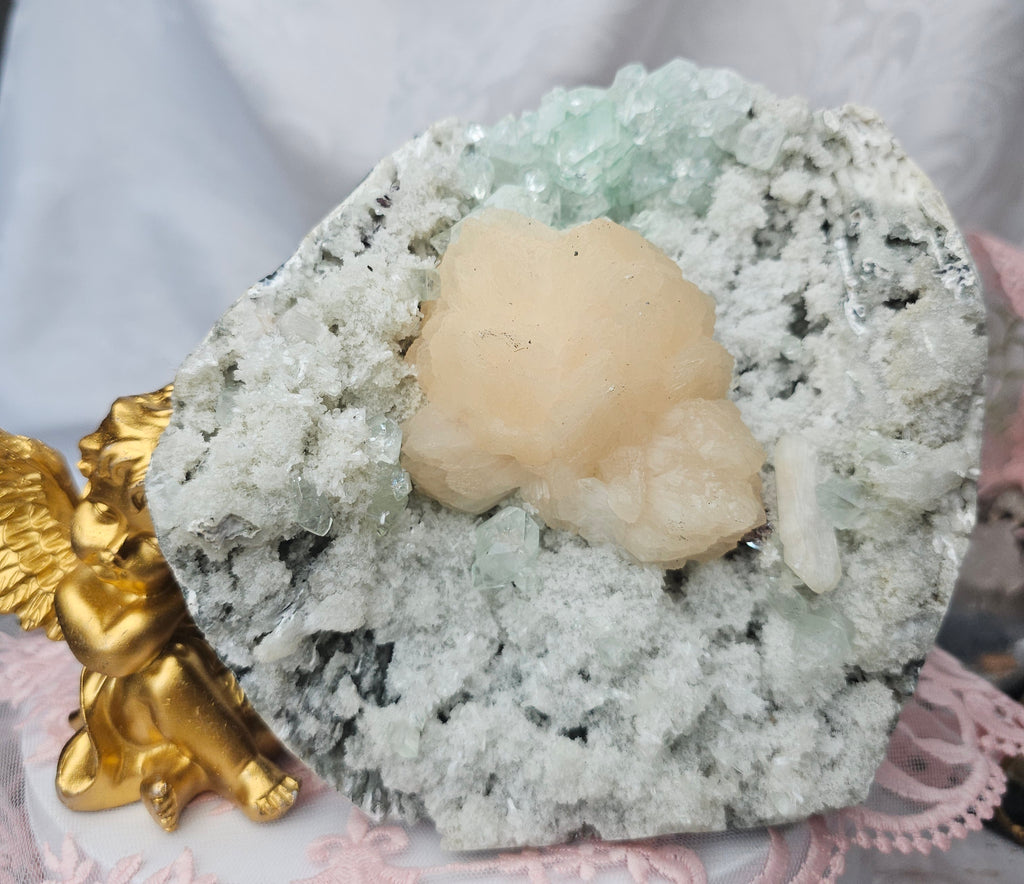 RARE Sugar  Green Diamond Apophyllite with Stillbite from India , Apophyllite, Crystal, Crystals