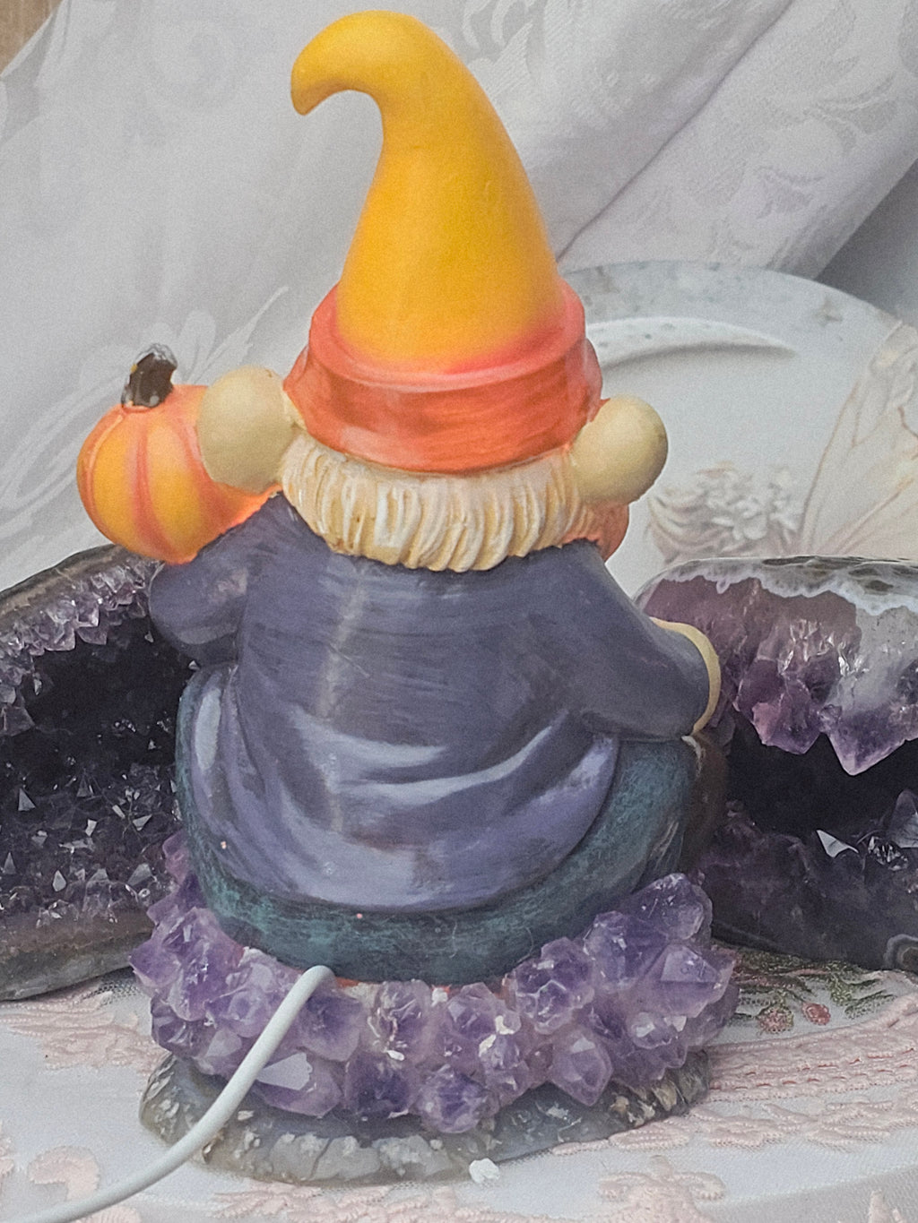 Halloween Gnome Amethyst and Agate Base Lamp, Hand Painted Decoration, Cute Halloween Decorations, Home Decor, Gnome