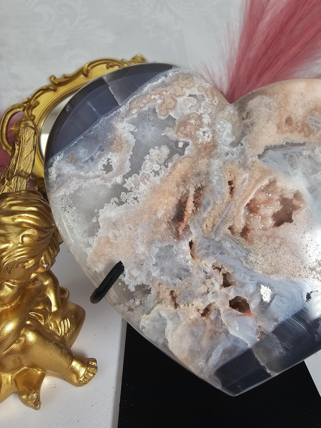 Rare Pink Amethyst with Rutile and Druzy , Druzy Moon, Crystal Moon,Gift