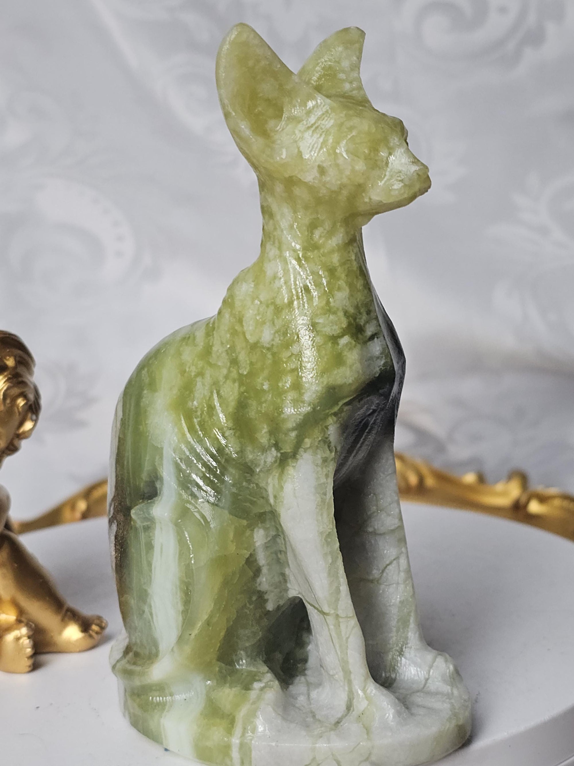 Egyptian Cat, Green Jade Cat, Kitty,Cat, Metaphysical Crystals, Meditation Gemstones, Sphynx Cat