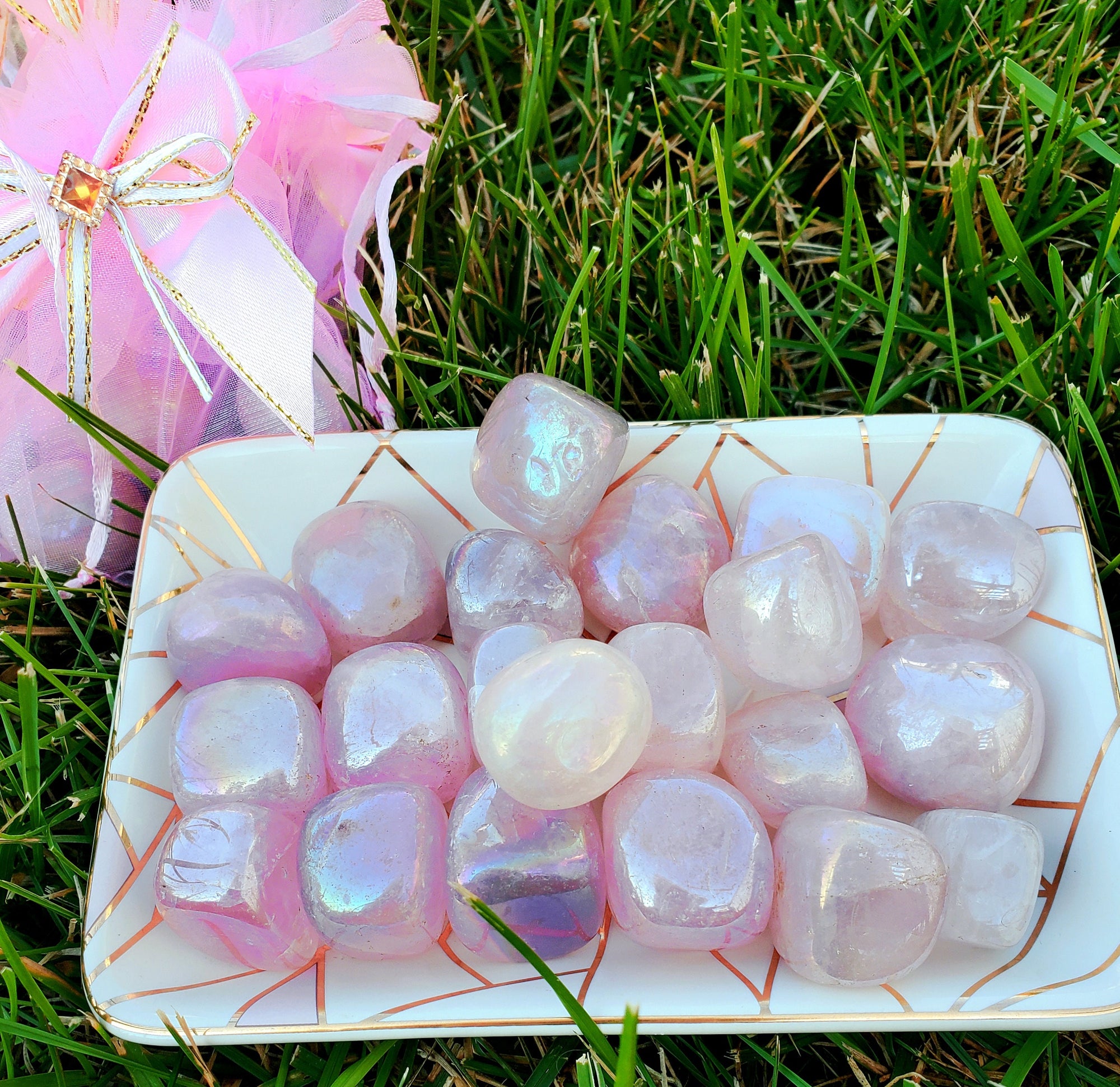 5 Large Angel Aura Tumble Stones Rose Quartz (~1.0") Gift Bags-Angel Aura Rose Quartz, Healing Crystals and Stones-Heart Chakra, Crystal